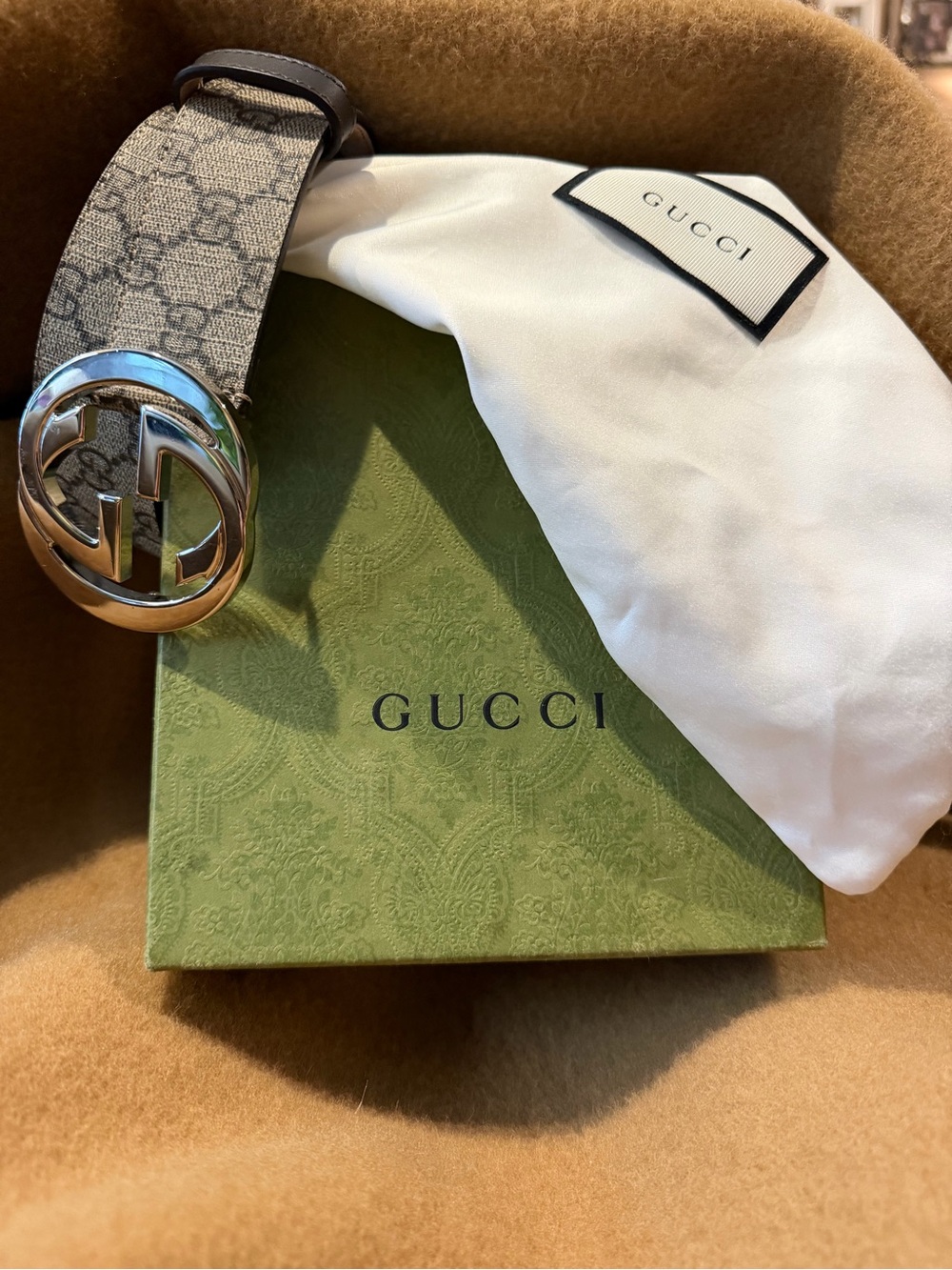 Gucci Beige GG Monogram Belt with Silver Interlocking G Buckle!